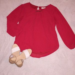 Red blouse! Sheer sleeves!